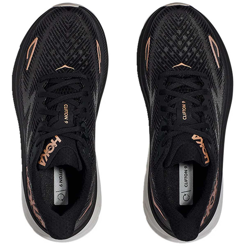 Tenis Hoka CLIFTON 9 WIDE Negro Oro Rosa Mujer
