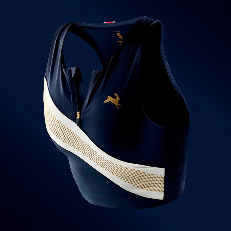 Bra Deportivo Tracksmith Strata Zip Azul Dorado Mujer