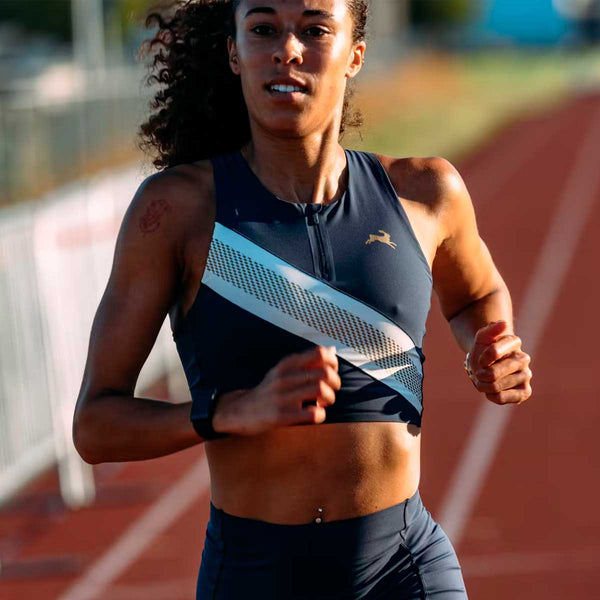 Bra Deportivo Tracksmith Strata Zip Azul Dorado Mujer