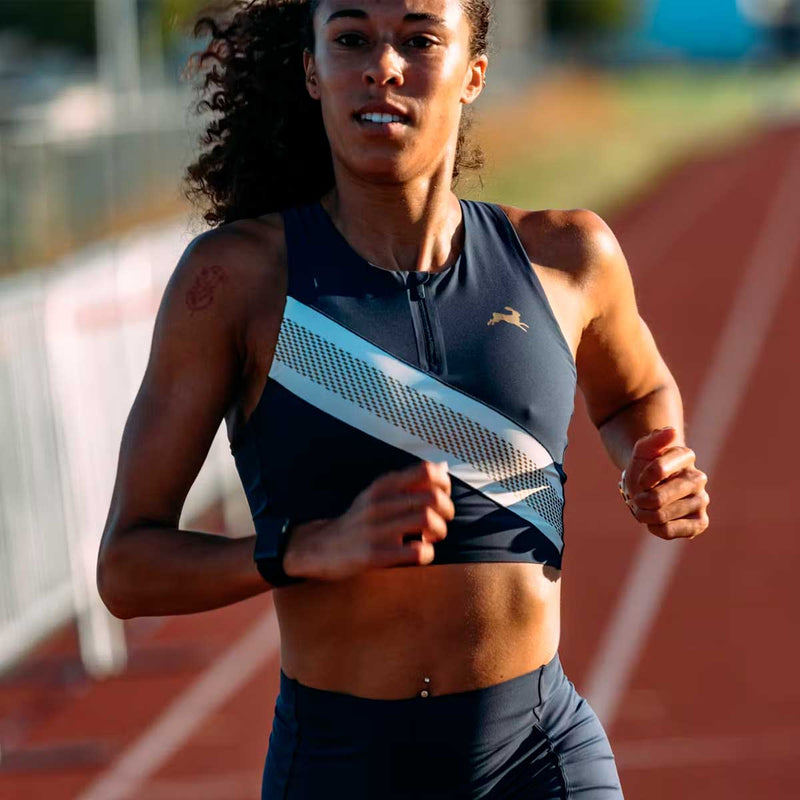 Bra Deportivo Tracksmith Strata Zip Azul Dorado Mujer